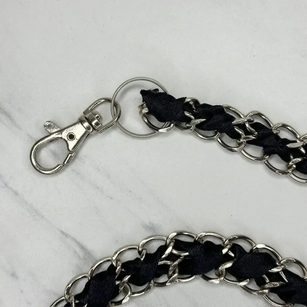 Black Ribbon Woven Silver Tone Chain Link Belt One Size (OS) ✨